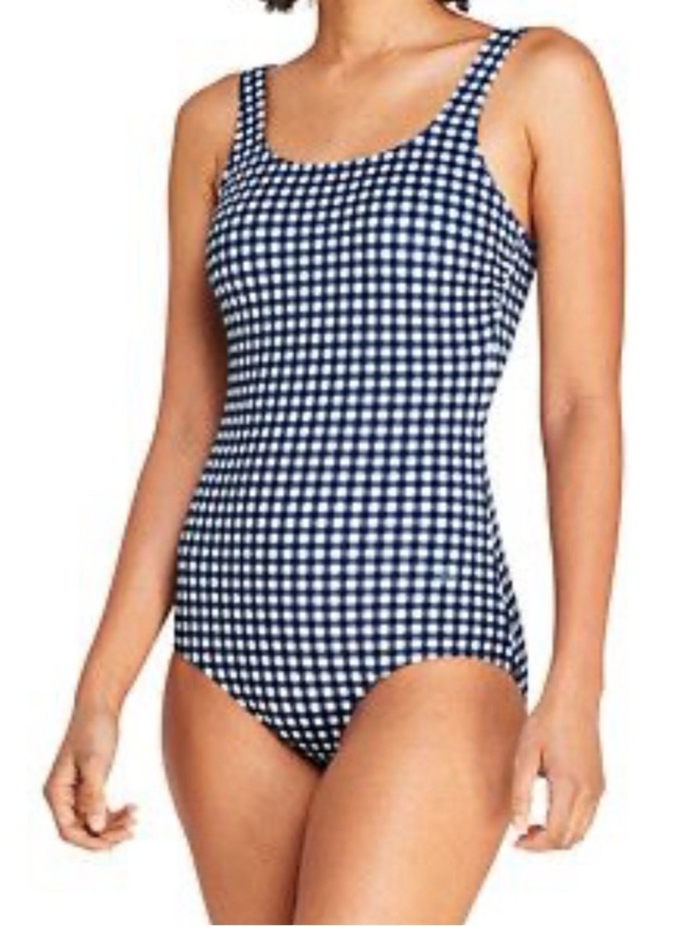 Draper James X Lands End Deep Sea Navy White Mini Gingham Swimsuit NWT